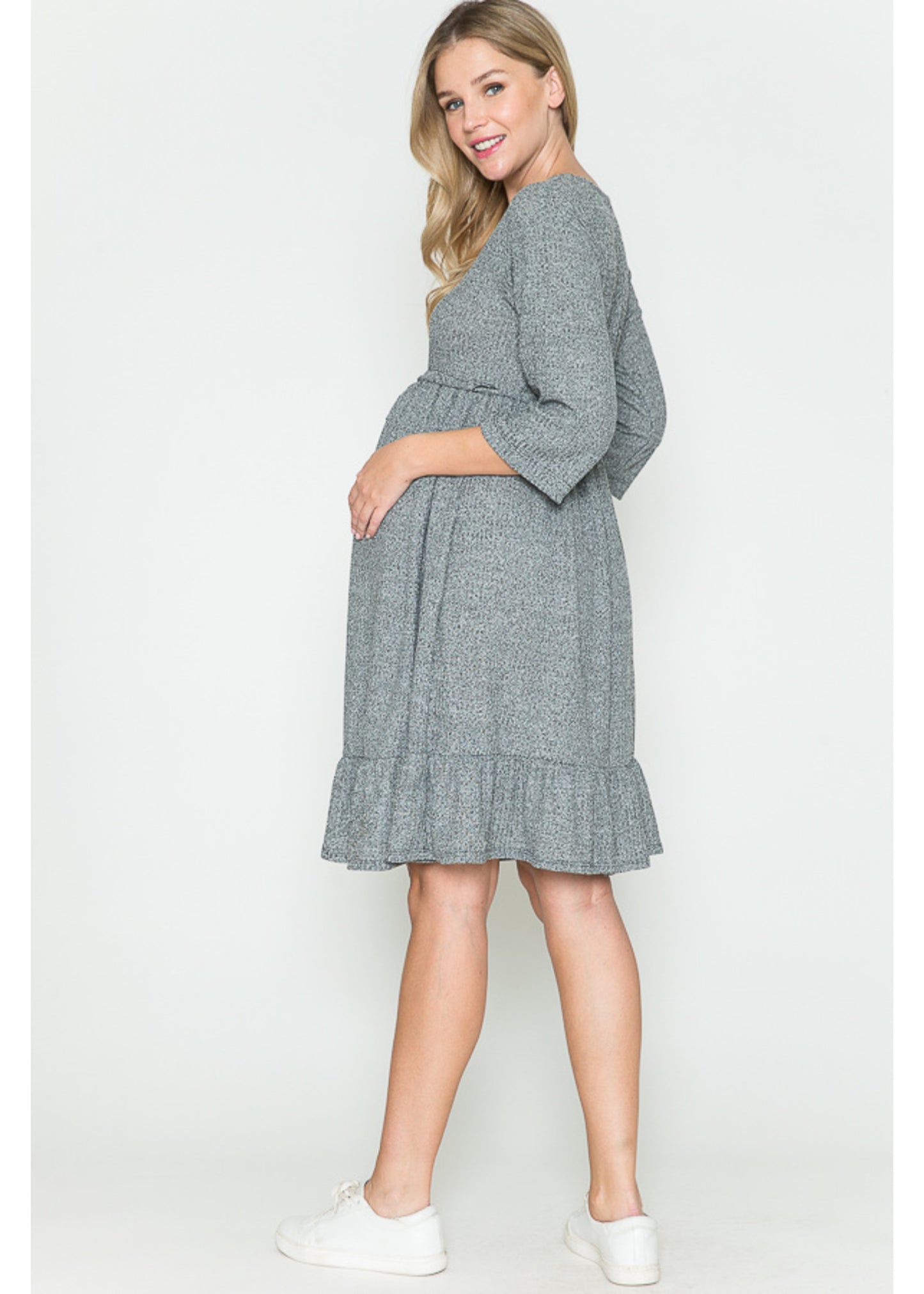 Querentia Maternity 3/4 Sleve Babydoll Tiered Midi Dress