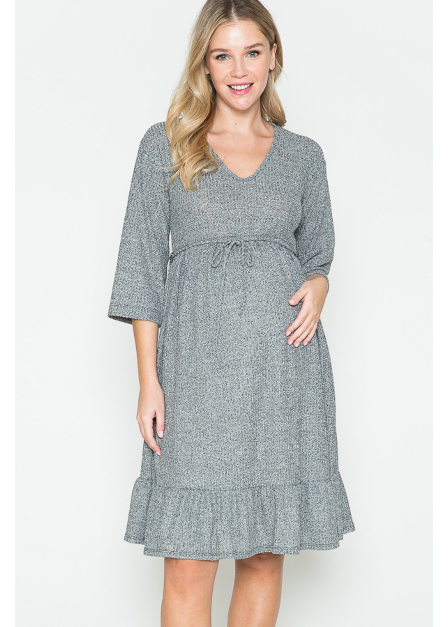 Querentia Maternity 3/4 Sleve Babydoll Tiered Midi Dress