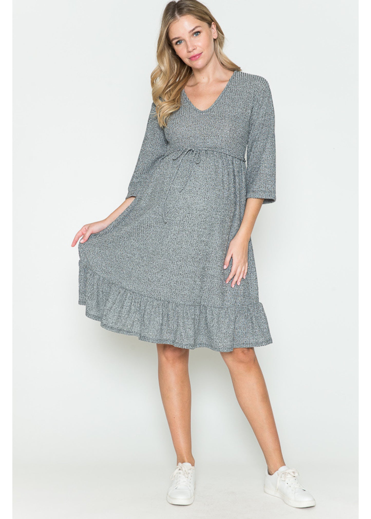 Querentia Maternity 3/4 Sleve Babydoll Tiered Midi Dress