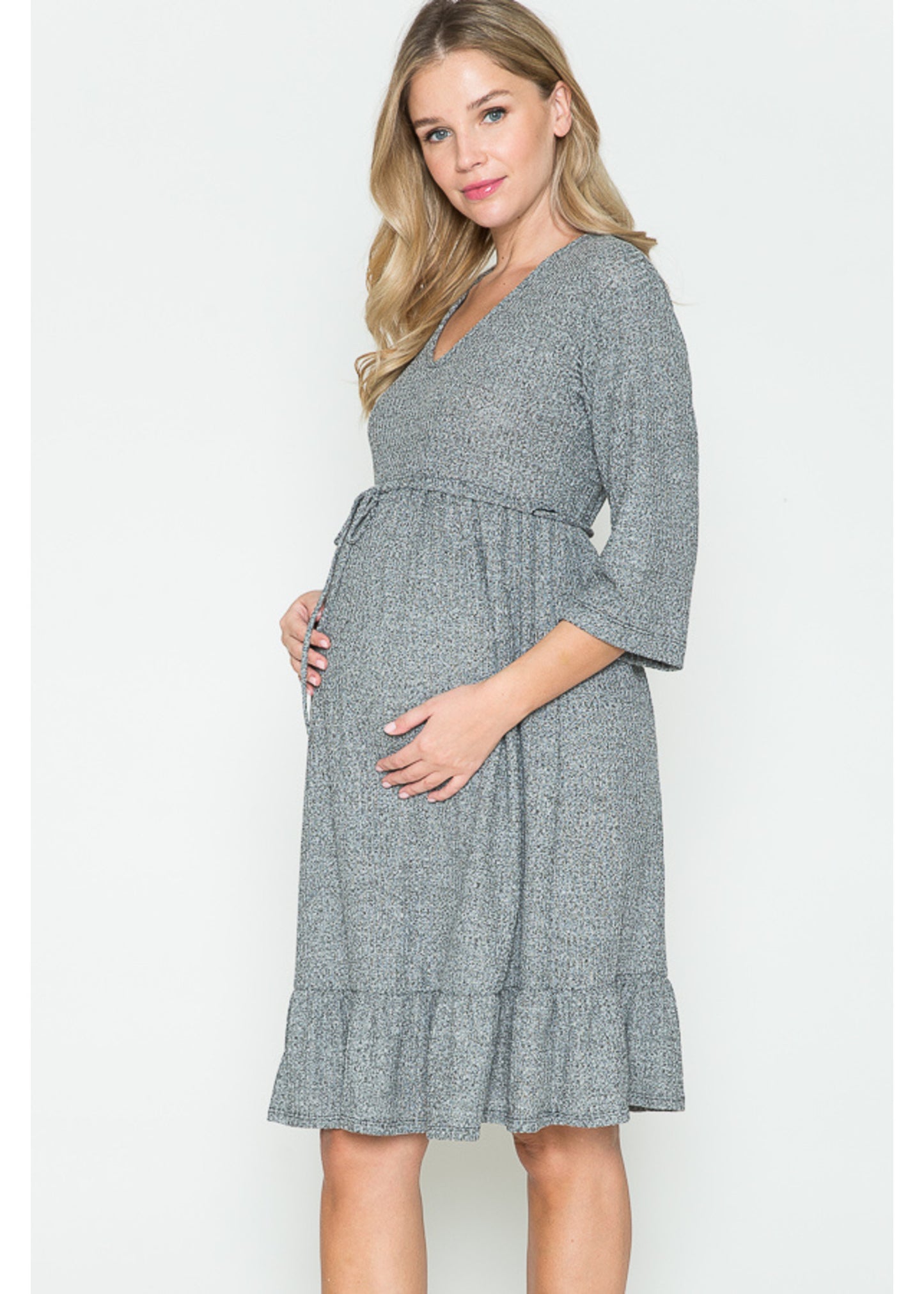Querentia Maternity 3/4 Sleve Babydoll Tiered Midi Dress
