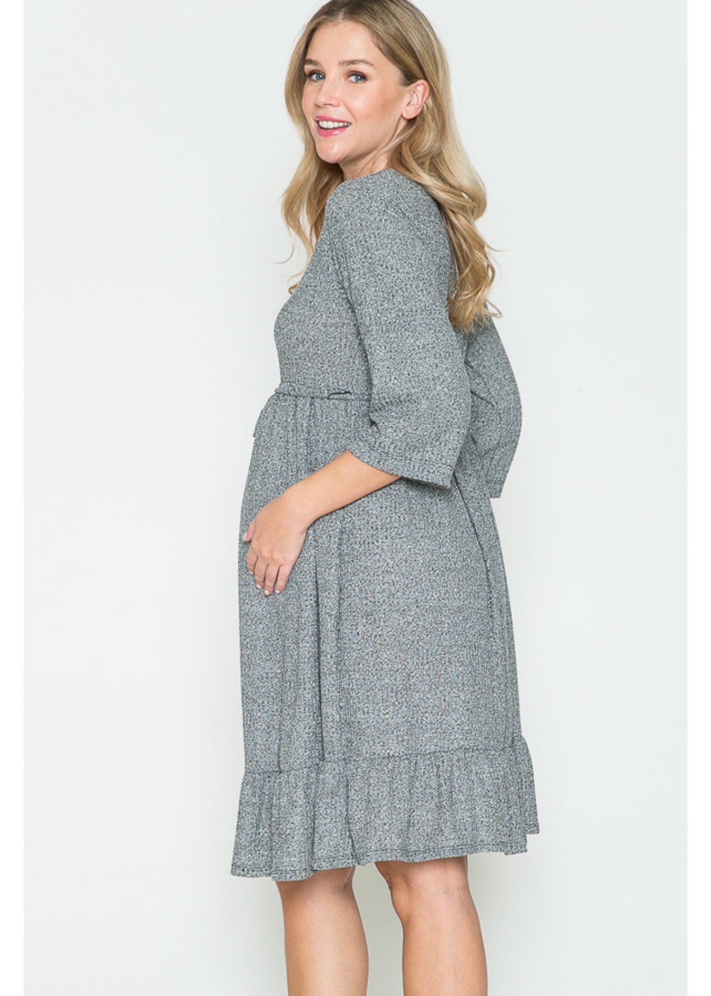 Querentia Maternity 3/4 Sleve Babydoll Tiered Midi Dress