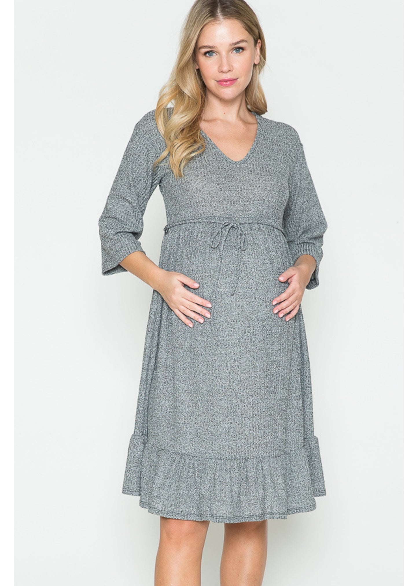 Querentia Maternity 3/4 Sleve Babydoll Tiered Midi Dress