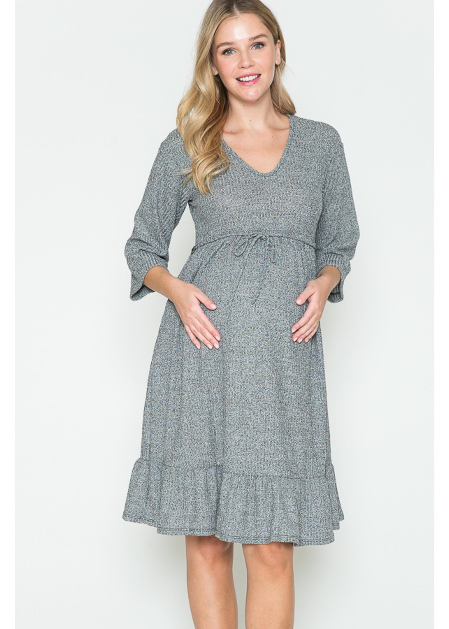 Querentia Maternity 3/4 Sleve Babydoll Tiered Midi Dress