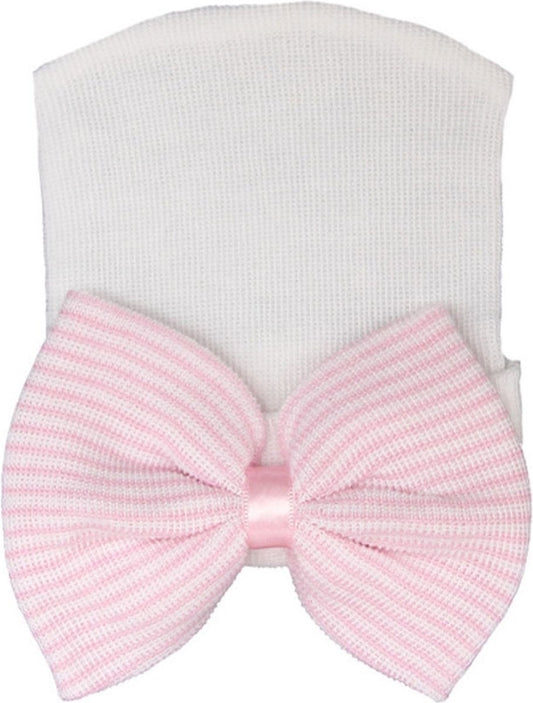 Mammie's Geboortemuts / babymuts / ziekenhuismuts wit met roze gestreepte strik - 0 tot 2 maand